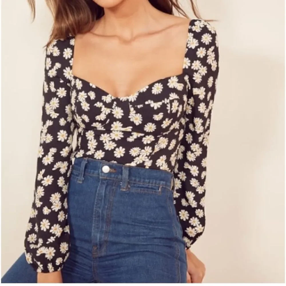 Reformation Reign Black Crop Top Blouse Daisy Floral Size 0